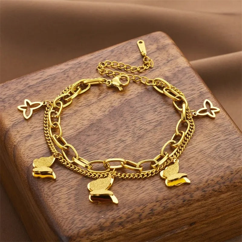 Butterfly Charm Dual Layer Chain Bracelet