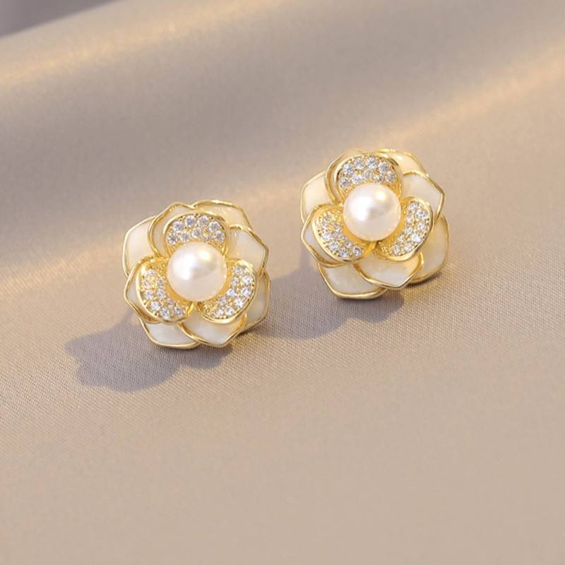 Enameled & Stones Camelia Stud Earrings