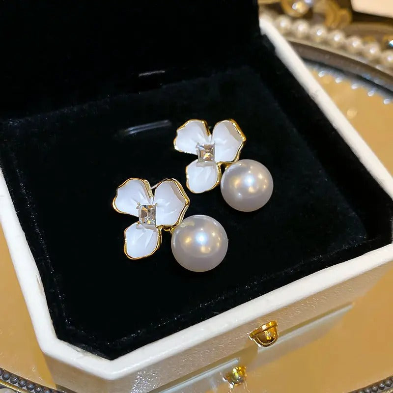 Three Leaf Flower Pearl Earrings