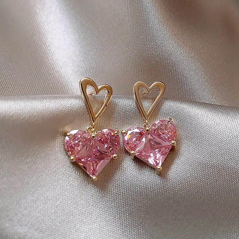 Pink Heart Crystal Drop Earrings