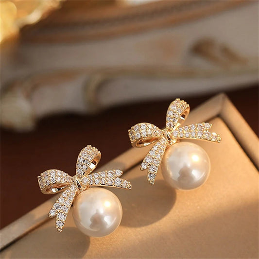 Trendy Pearl Bow Earrings
