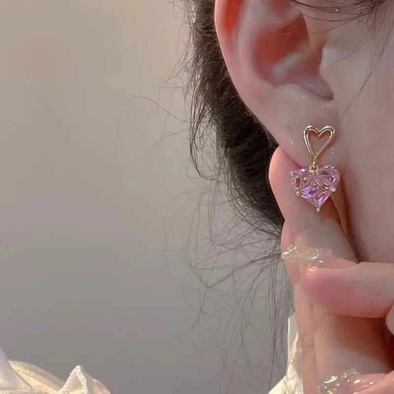 Pink Heart Crystal Drop Earrings