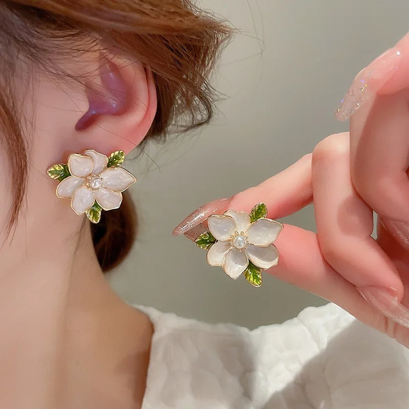 Delicate Enamel Camelia Floral Studs