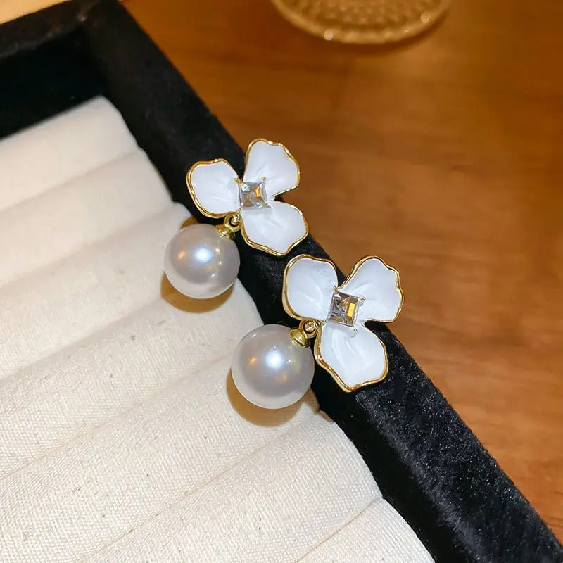 Three Leaf Flower Pearl Earrings