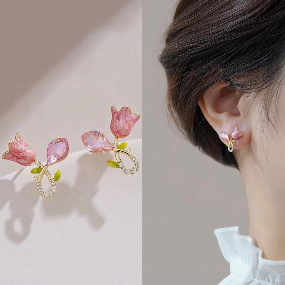 Cute Pink Tulip Crystal Stud Earrings