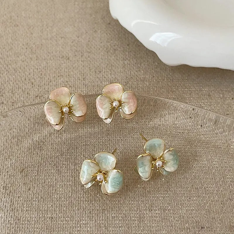 Enamel Oil-dripping Gold Plated Flower Earrings