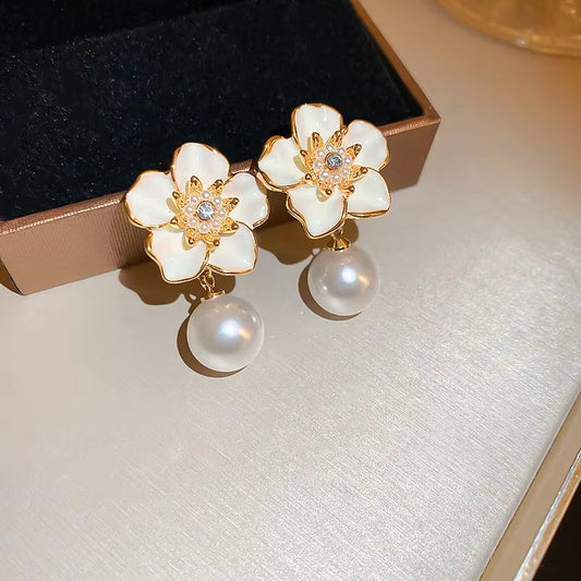 Floral Enamel Pearl Drop Earrings