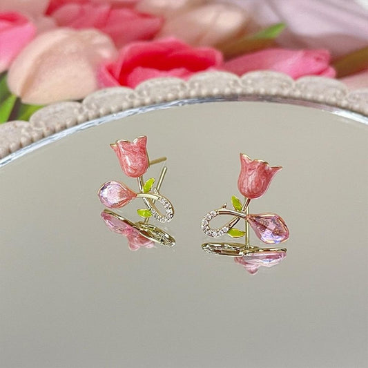 Cute Pink Tulip Crystal Stud Earrings