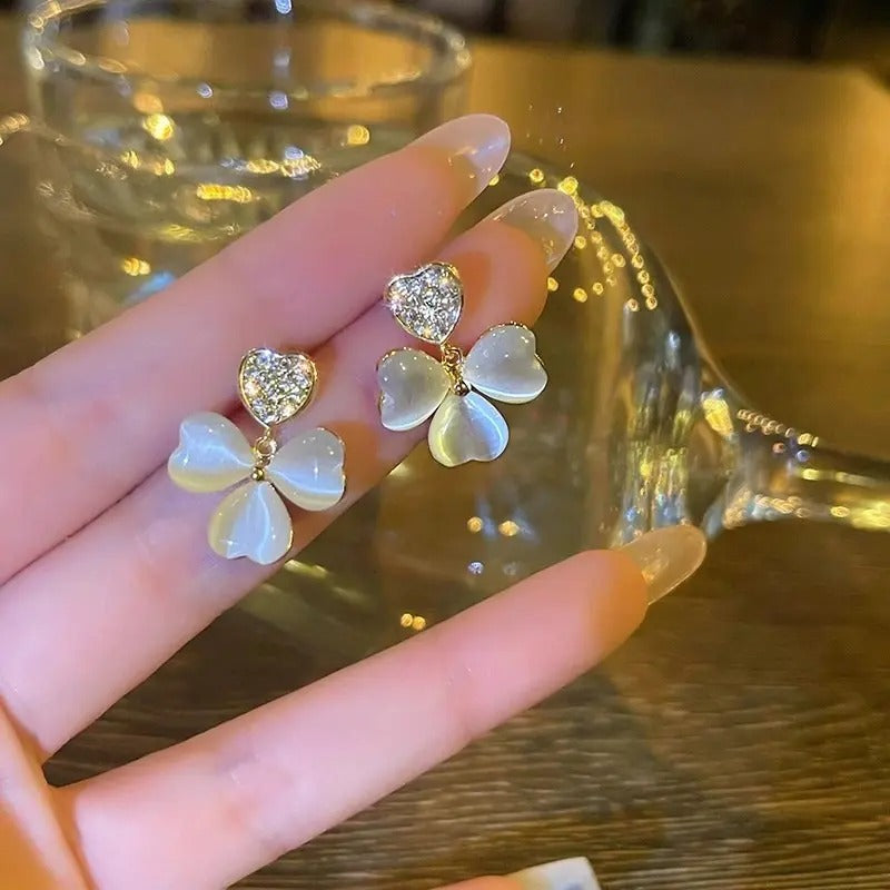 Opal Heart Clover Drop Earrings
