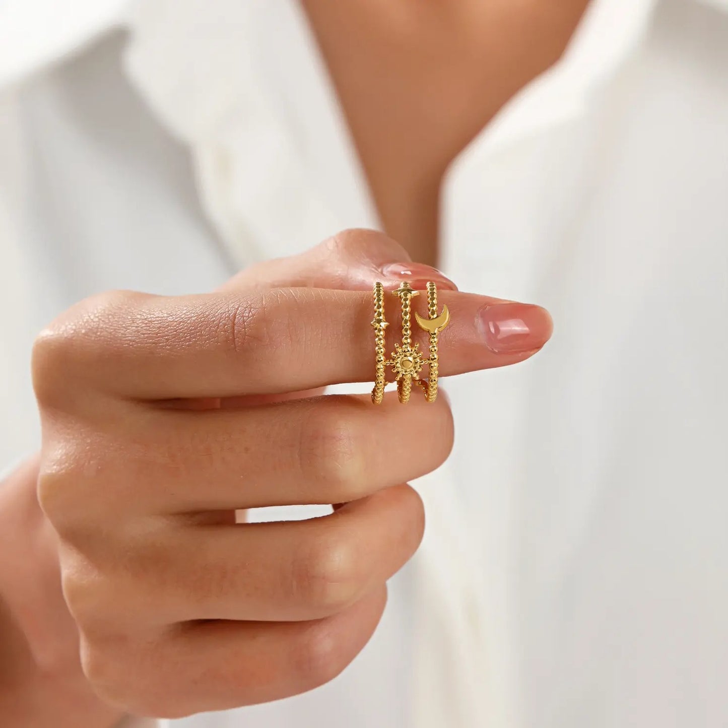 Anti-TarnishLeaf Moon, Stars & Sun Three Layer Ring