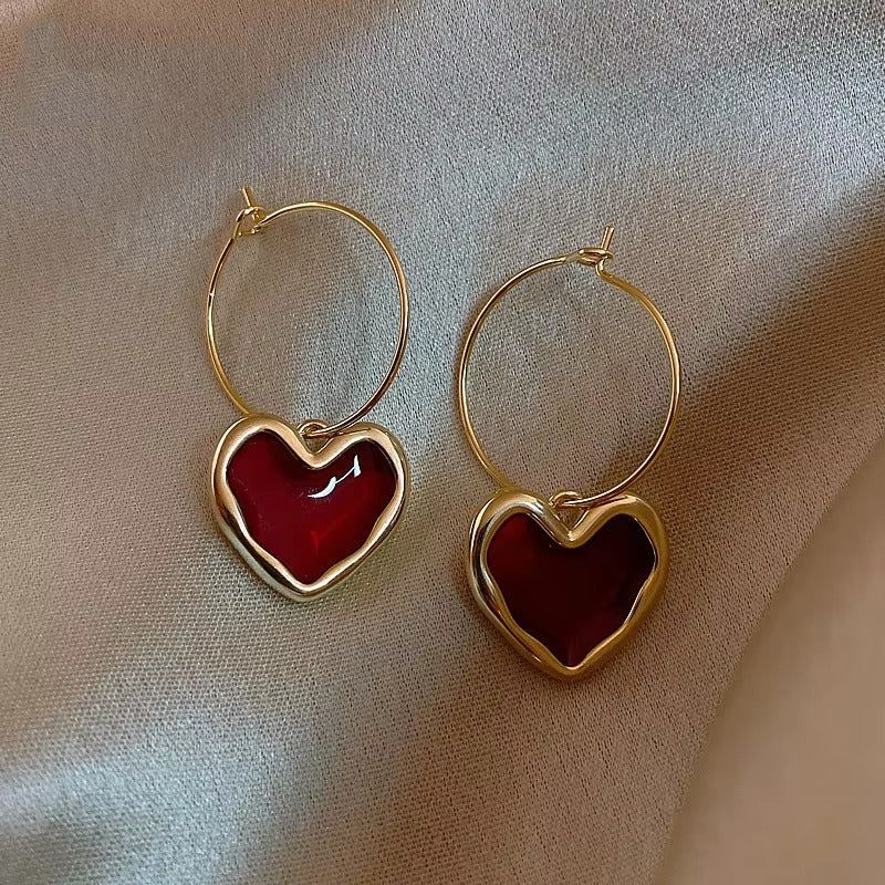 Blood Red Heart  Drop Hoops