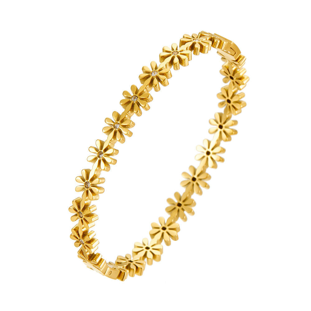 Anti Tarnish Daisy Flower With Stone Bangle Bracelet