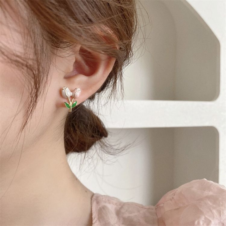 Enamel Glitter Tulip Flower Stud Earring