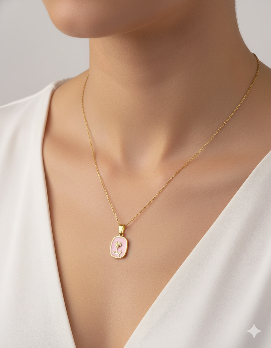 Anti Tarnish Pink Rose Pendant Necklace