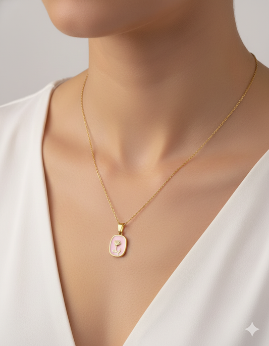 Anti Tarnish Pink Rose Pendant Necklace