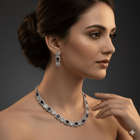 Radiant American Diamond Purple Stone Jewelry Set