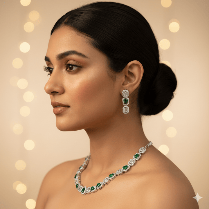 Radiant American Diamond Green Stone Jewelry Set