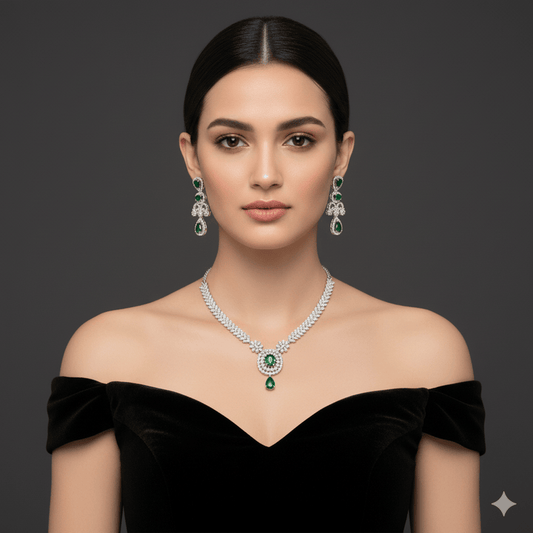 Elegant American Diamond Green Stone Jewelry Set