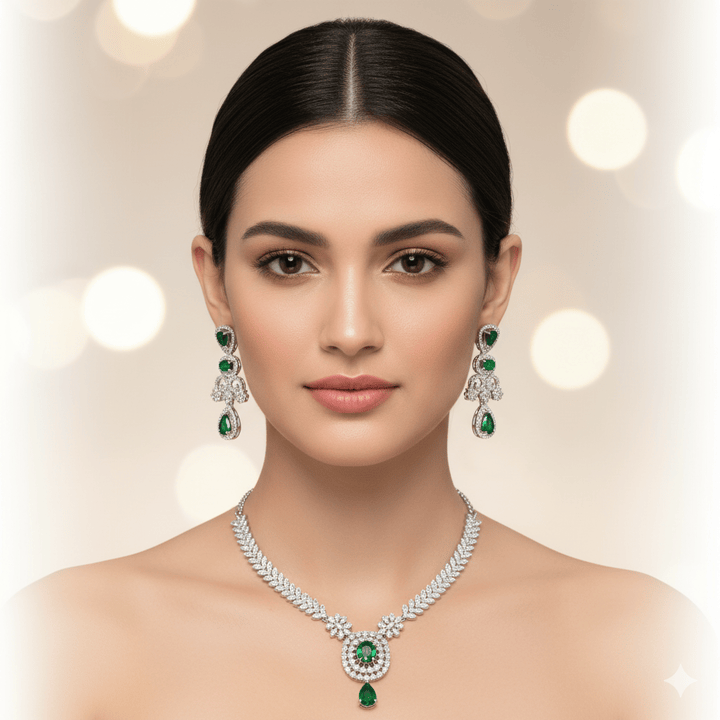 Elegant American Diamond Green Stone Jewelry Set