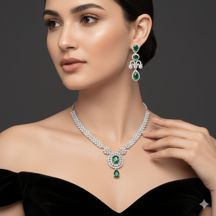 Elegant American Diamond Green Stone Jewelry Set