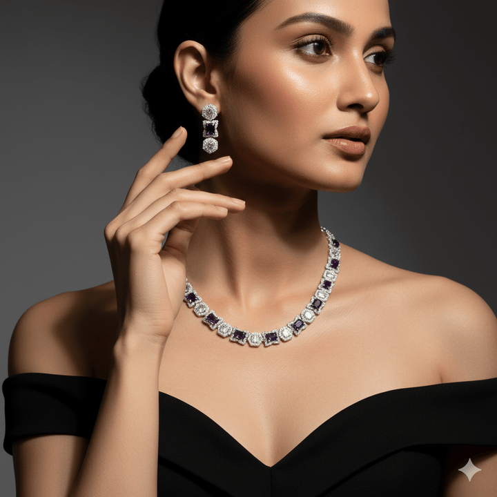 Radiant American Diamond Purple Stone Jewelry Set