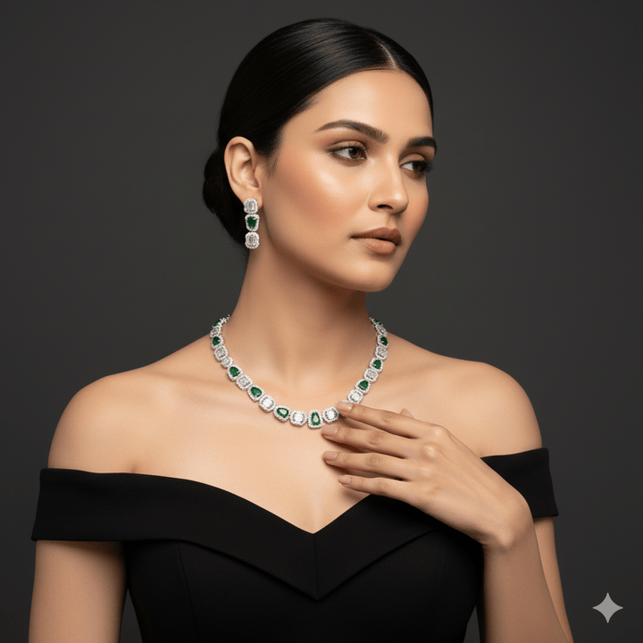 Radiant American Diamond Green Stone Jewelry Set