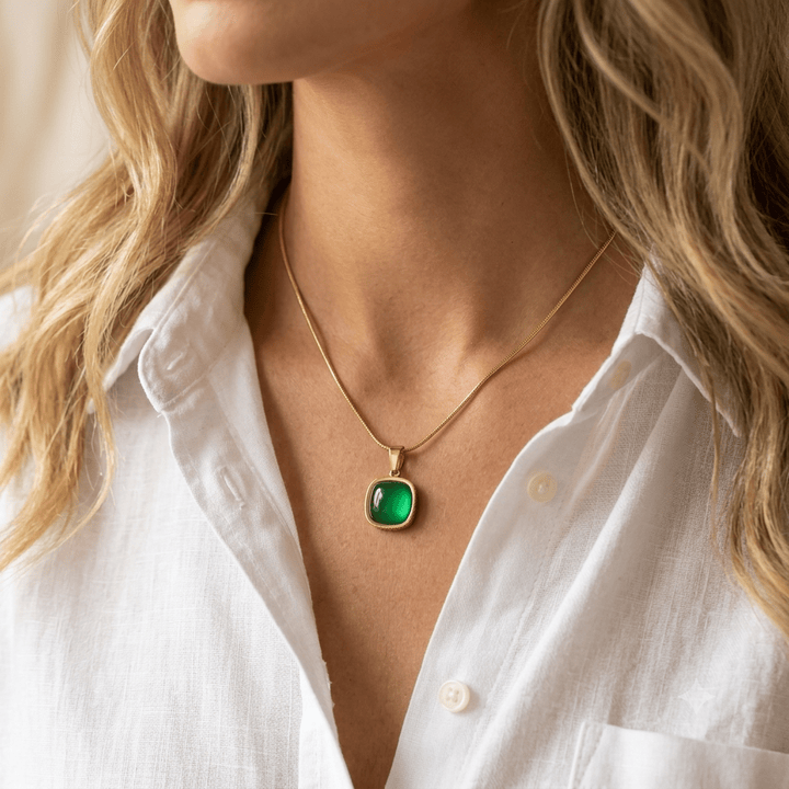 Anti Tarnish Elegant Square Green Emerald Chain Necklace