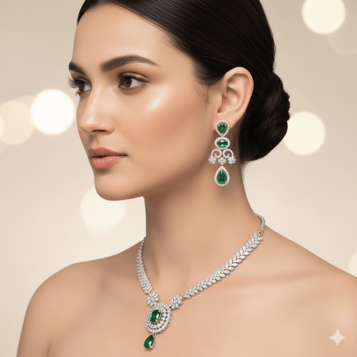 Elegant American Diamond Green Stone Jewelry Set