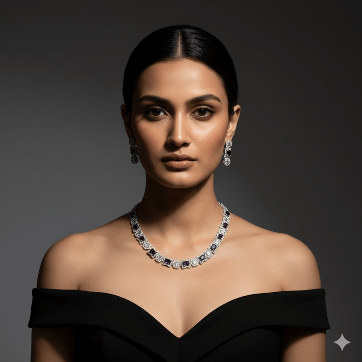 Radiant American Diamond Purple Stone Jewelry Set