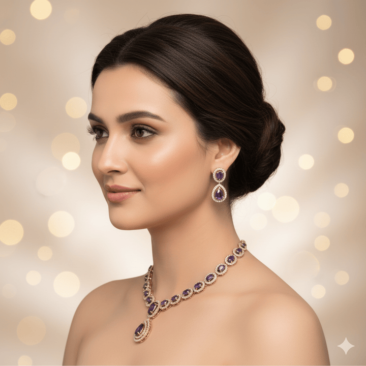 Elegant American Diamond Purple Stone Jewelry Set
