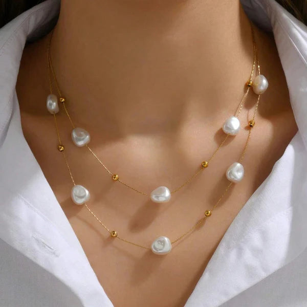 Anti Tarnish Elegant Pearl Double Layer Chain Necklace