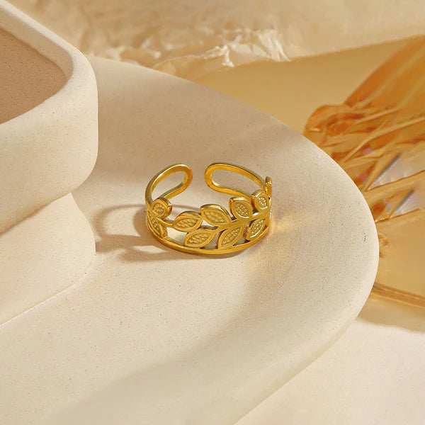 Gold Plated Anti Tarnish Stainless Steel Leaf Themed Contemporary Ring
