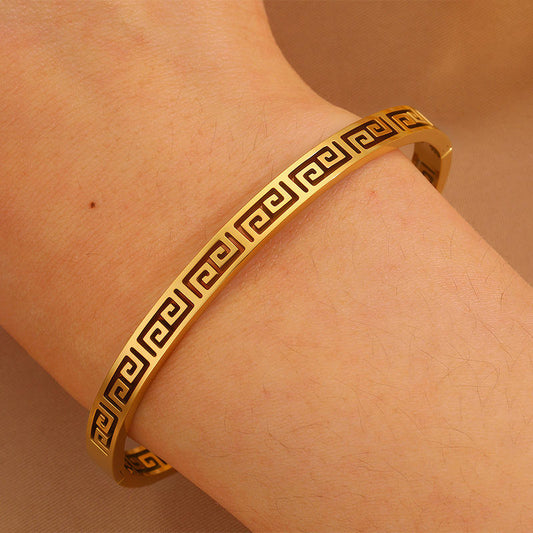 Anti Tarnish Greek Geometric Pattern Laser Cut Bangle Bracelet