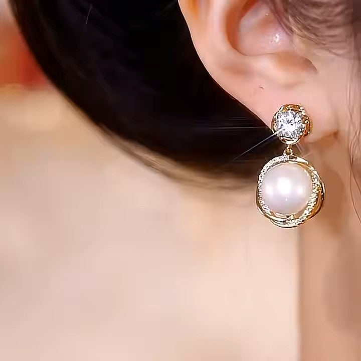 Drop Pearl Diamond Stud Earrings