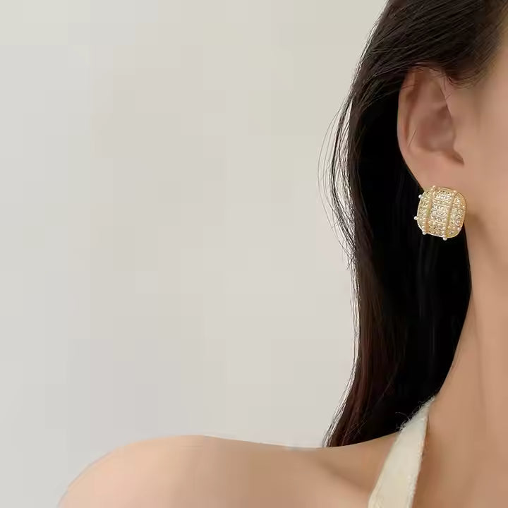 Geometric Full Diamond Rice Bead Pearl Earrings