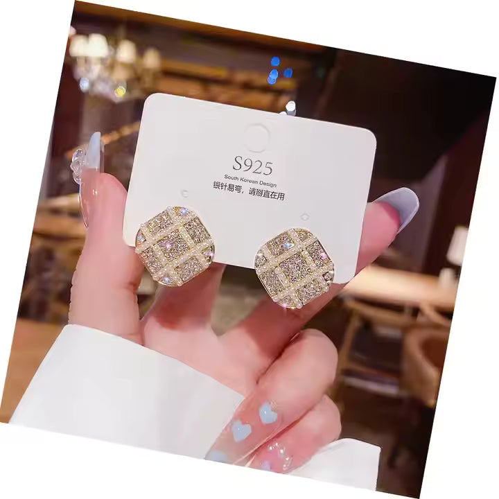 Geometric Full Diamond Rice Bead Pearl Earrings