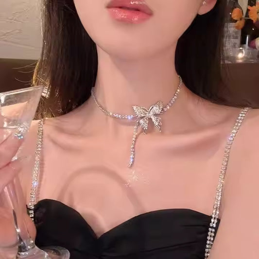 Silver Butterfly Choker Necklace Adjustable Diamond Butterfly Necklace