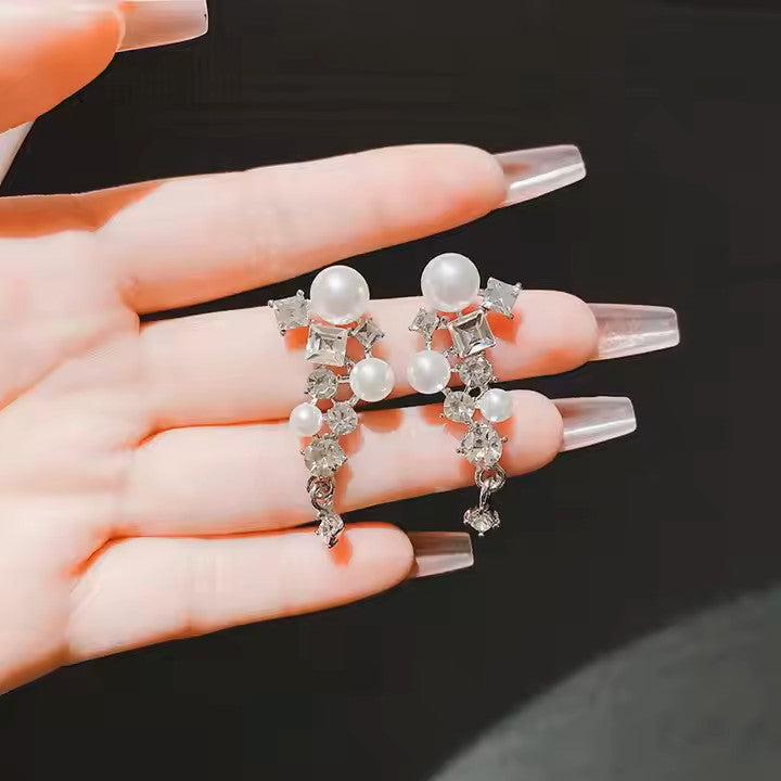 Trendy Drop Pearl Diamond Earrings