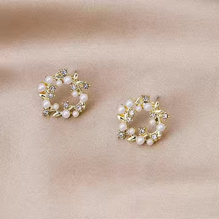 Olive Branch Imitation Pearl Diamond Charm Earrings