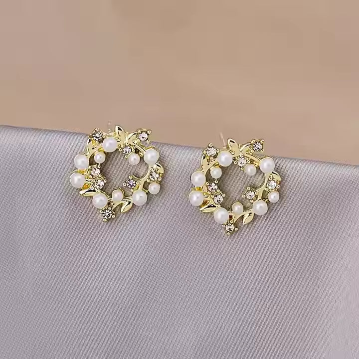 Olive Branch Imitation Pearl Diamond Charm Earrings
