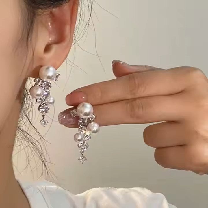 Trendy Drop Pearl Diamond Earrings