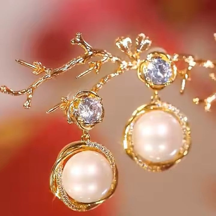 Drop Pearl Diamond Stud Earrings