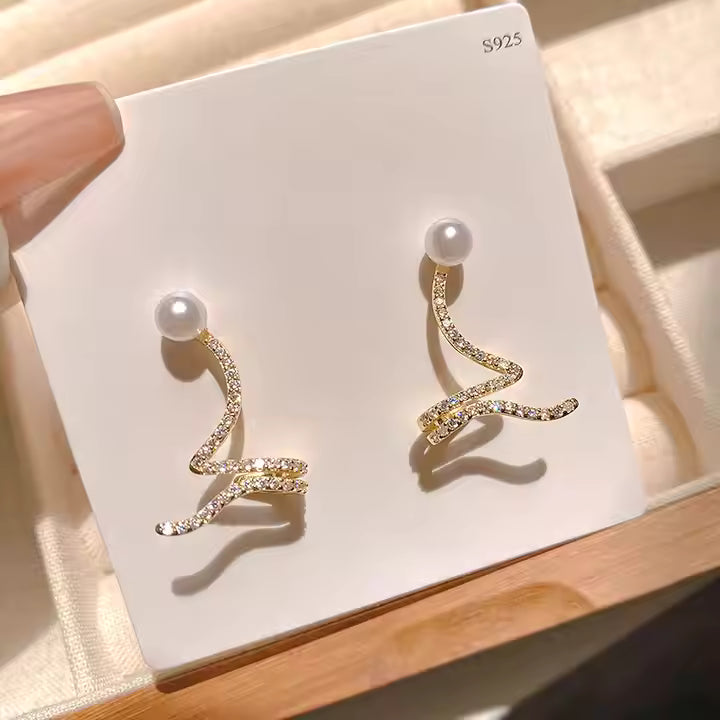 Silver Needle Pearl Inlaid Diamond Wavy Fashion Stud Earrings