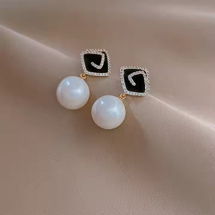 Large Geometric Square Black Enamel Dangle Drop Rhinestone Pearl Bling Earrings