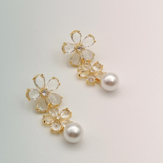 Stunning Drop Flower Diamond And Pearl Earring