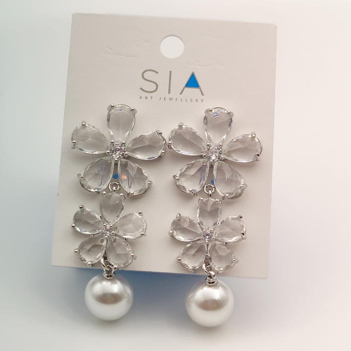Stunning Drop Flower Diamond And Pearl Earring