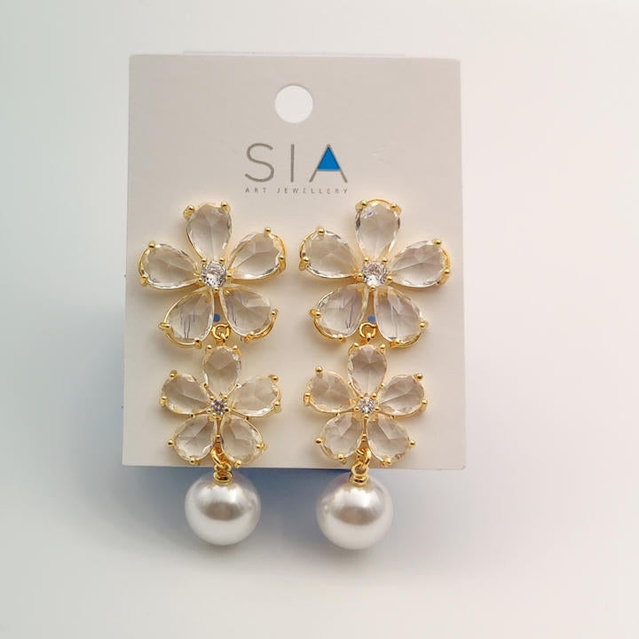 Stunning Drop Flower Diamond And Pearl Earring