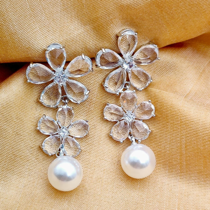 Stunning Drop Flower Diamond And Pearl Earring