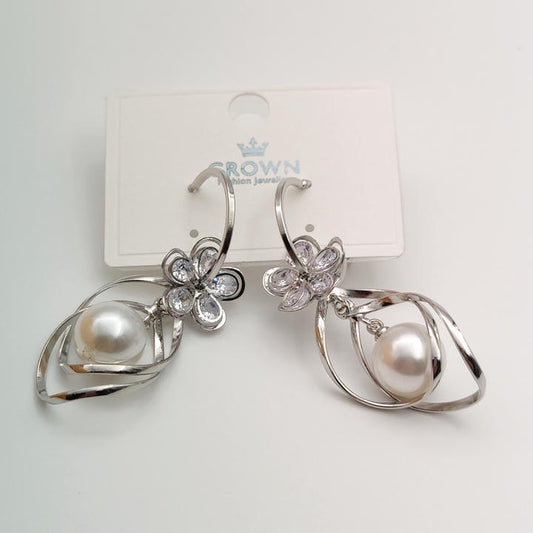 Drop Pearl Flower Diamond Earring