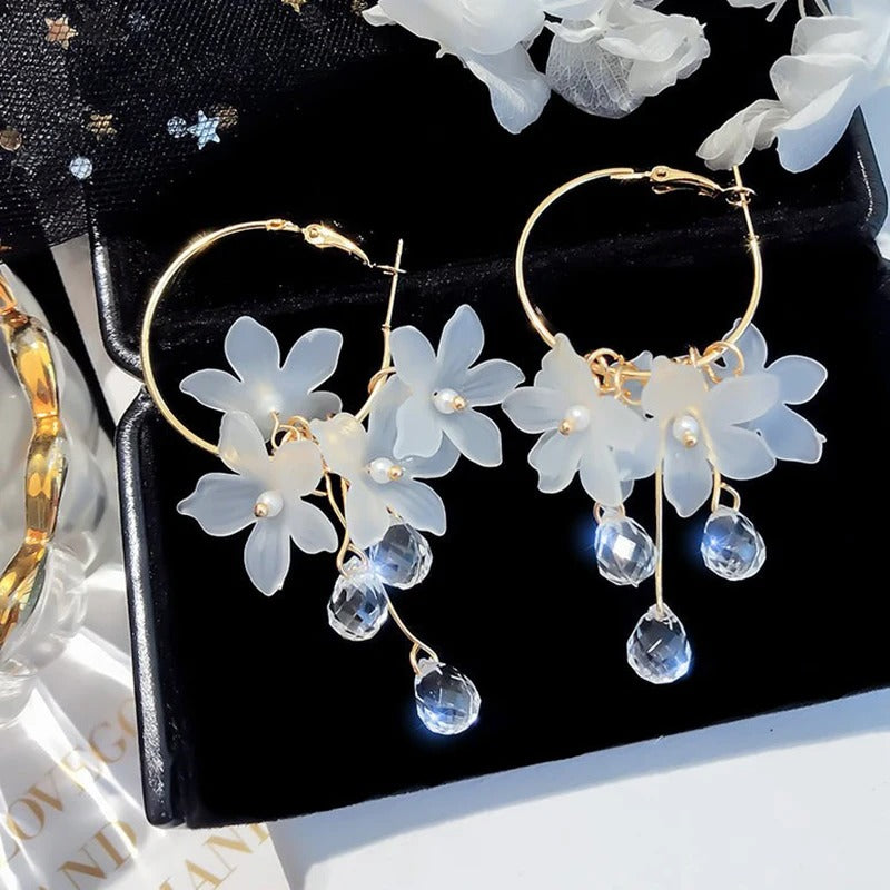 Korean Flower Drop Hoop Earrings